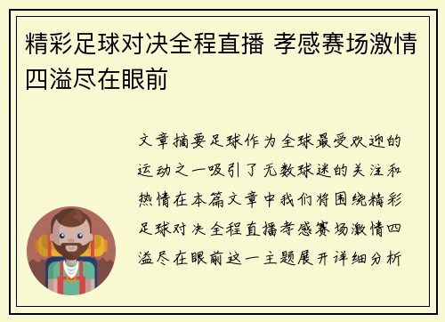 精彩足球对决全程直播 孝感赛场激情四溢尽在眼前